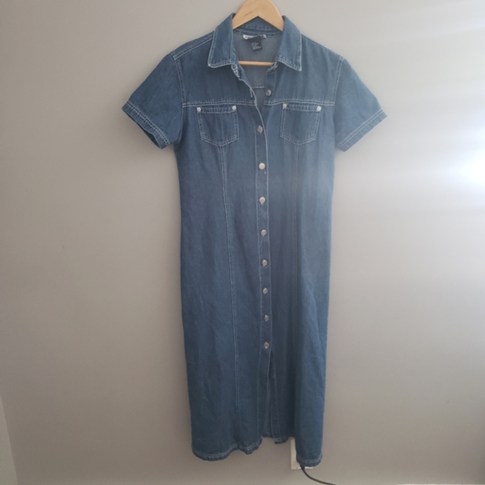 Adriana Sport Vintage Denim Maxi Dress Womens Large Blue Cotton Button Front L